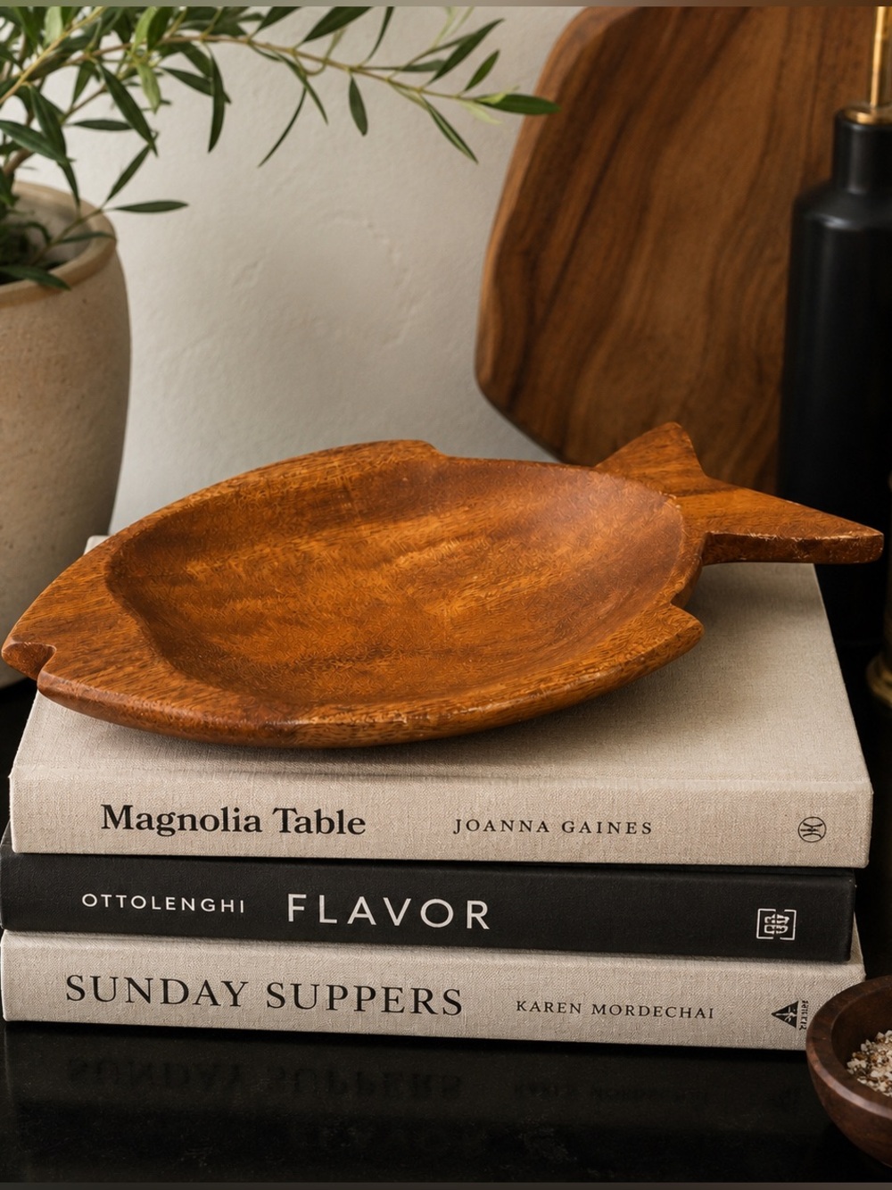 Vintage MCM Carved Wood Fish Serving Dish Bowl Mid Century Nautical Coastal Tiki
